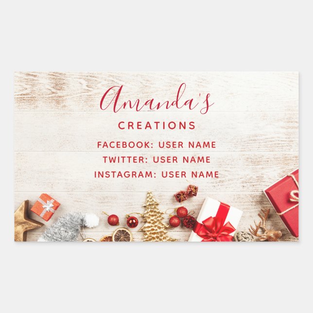 Rustikales Foto mit Weihnachtsartikeln Rechteckiger Aufkleber (Vorderseite)