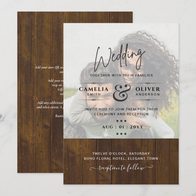 Rustikales FOTO OVERLAY Wedding INVITE QR Code UAW Einladung (Vorne/Hinten)