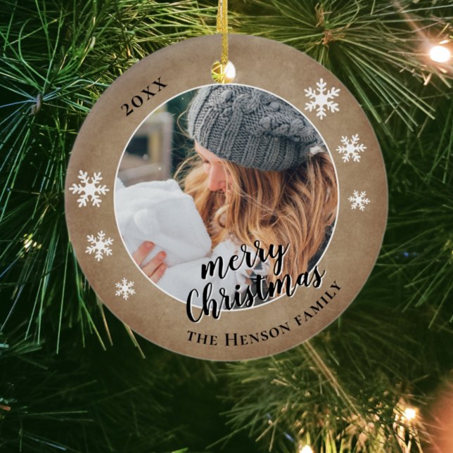 Rustikales Foto Snowflake Frohe Weihnachten Keramik Ornament (Von Creator hochgeladen)