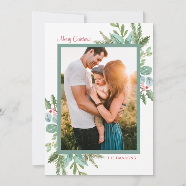 Rustikales Foto Wasserfarbe Grün Frohe Weihnachten (Vorderseite)