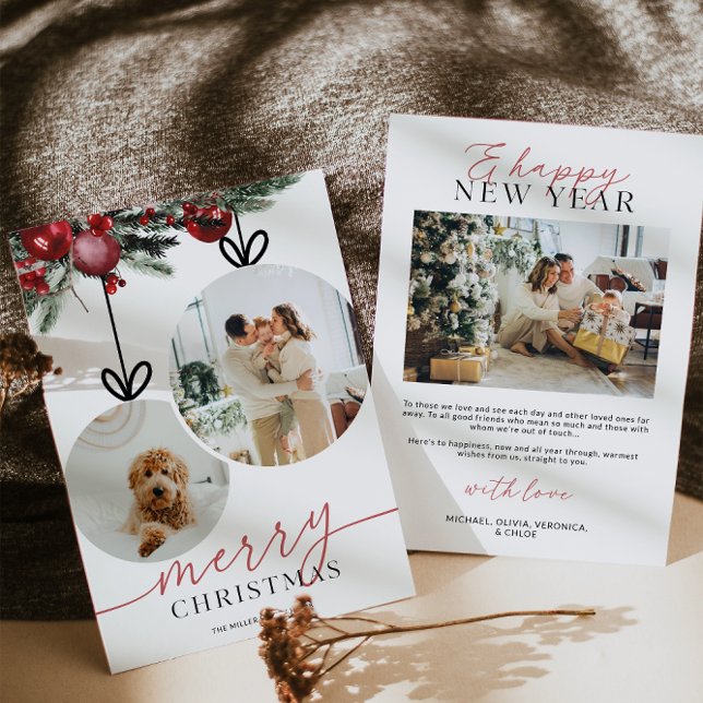 Rustikales Foto Wasserfarben Feiertagskarte (Rustic Watercolor Ornament Family Photo Christmas Card)