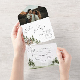 Rustikales Foto Wasserfarbenwald Zielhochzeit All In One Einladung
