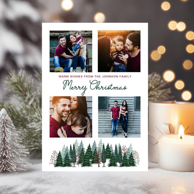 Rustikales Foto Weihnachtsbaum Feiertagskarte (Rustic Family 4 Photo Christmas Pine Tree Holiday Card)