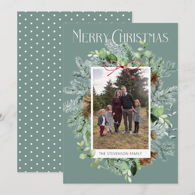 Rustikales Foto Weihnachtsgrün Grußkarte Feiertagskarte (Vorne/Hinten)