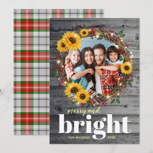 Rustikales Foto Wreath Sonnenblume Weihnachtskarte Einladung (Vorne/Hinten)