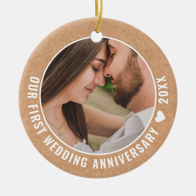 Rustikales Foto zum 1. Hochzeitstag Keramik Ornament (Vorne)