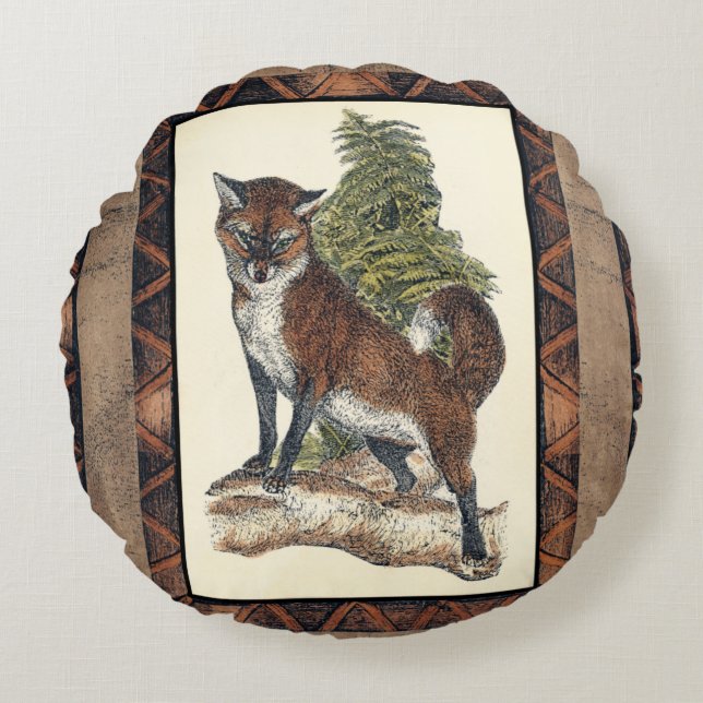 Rustikales Fox Stepping auf einem Baumstamm Rundes Kissen (Vorderseite)