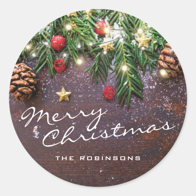 Rustikales Frohe Weihnachten | Happy Holidays Runder Aufkleber (Vorderseite)