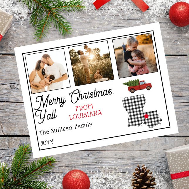 Rustikales frohe Weihnachten Louisiana Foto Holida (Rustic "Merry Christmas Y'all from Louisiana" Three Photo and State Holiday Postcard)