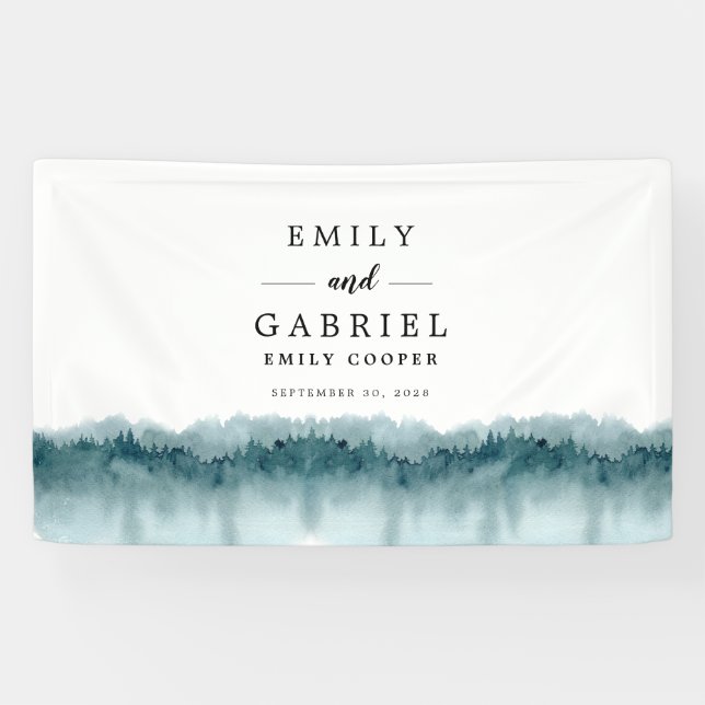 Rustikales Gebirgswald Aquarellfarben Hochzeitsban Banner (Horizontal)