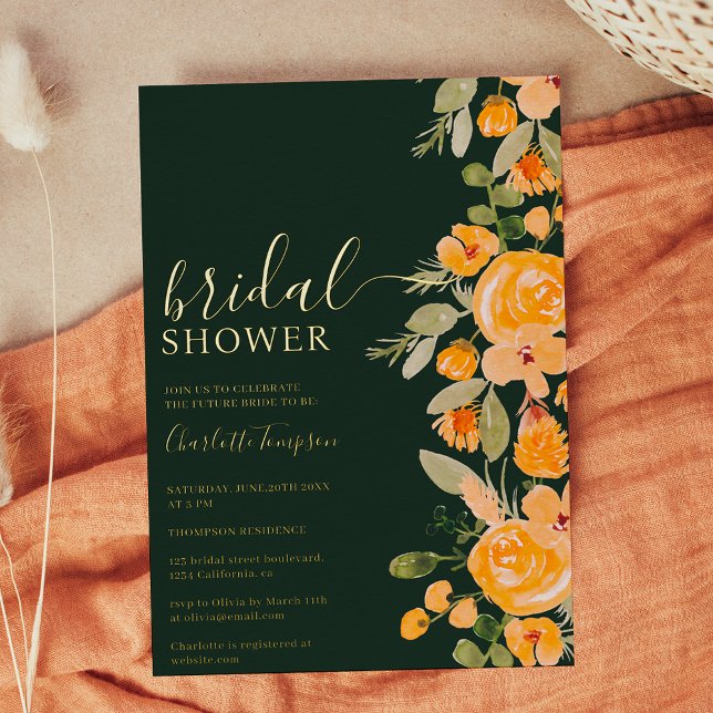Rustikales, gelbblütenfarbenes Brautparty Folieneinladung (Rustic yellow floral watercolor fall bridal shower foil invitation)