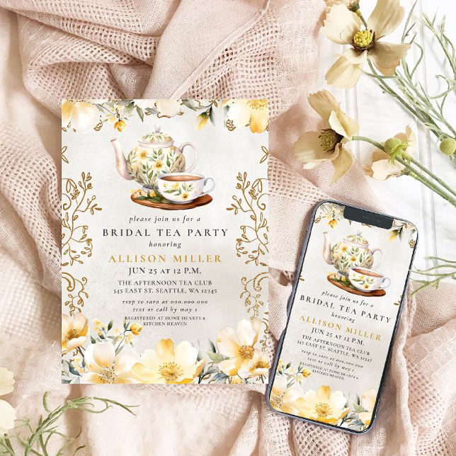 Rustikales Gelbblütentee Party Brautparty Einladung (Rustic Yellow Floral Tea Party Bridal Shower Invitation)