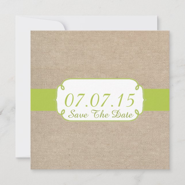 Rustikales Gelbgrün und Beige Burlap Save the Date (Vorderseite)