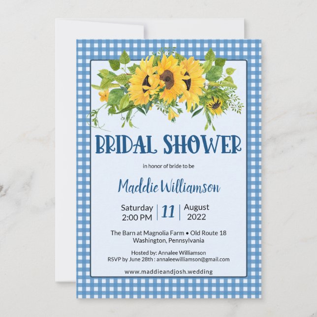 Rustikales Gingham Sunblumen Country Brautparty Einladung (Vorderseite)