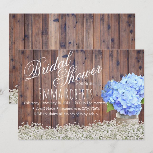 Rustikales Gipskraut Blue Hydrangea Brautparty Einladung (Vorne/Hinten)