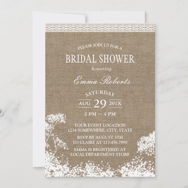 Rustikales Gipskraut Burlap Wedding Brautparty Einladung (Vorderseite)