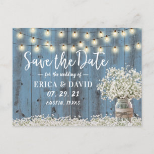 Rustikales Gipskraut Dusty Blue Save the Date Ankündigungspostkarte