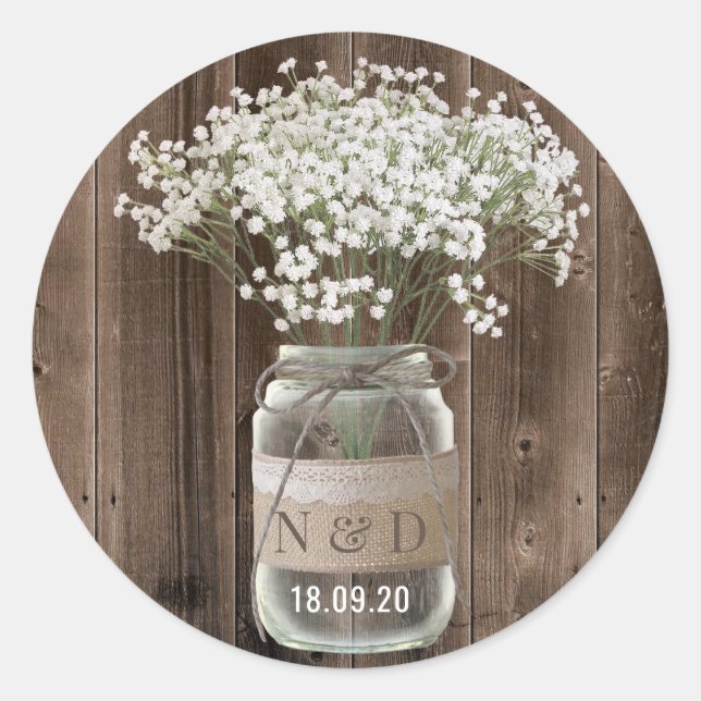 Rustikales Gipskraut floral Jar Wood Wedding Runder Aufkleber (Vorderseite)
