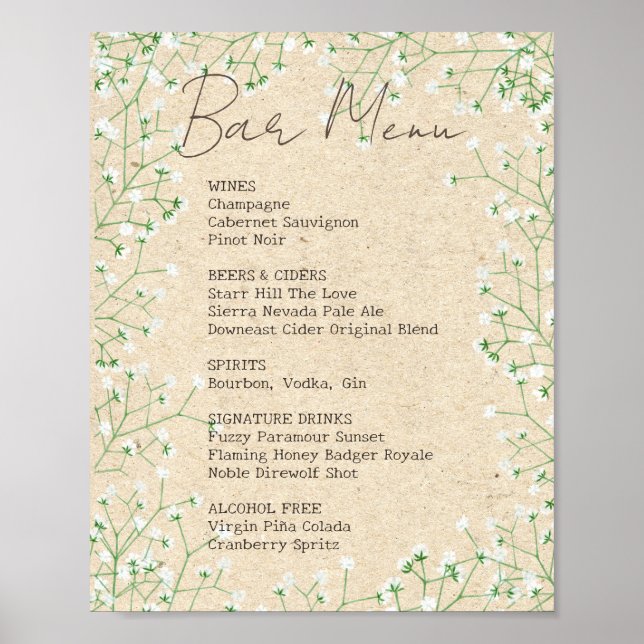 Rustikales Gipskraut Floral Wedding Bar Menu Signa Poster (Vorne)