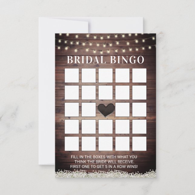Rustikales Gipskraut Holz Bridal Bingo Karten (Vorderseite)