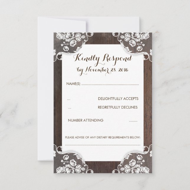 Rustikales Gipskraut Holz und Spitzen-Hochzeit RSV RSVP Karte (Vorderseite)