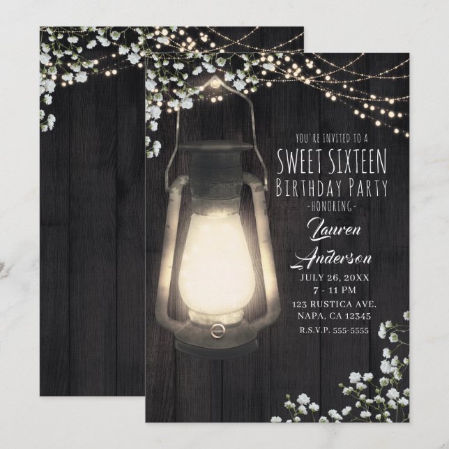 Rustikales Gipskraut Lights Sweet 16 Party Einladung (Vorne/Hinten)