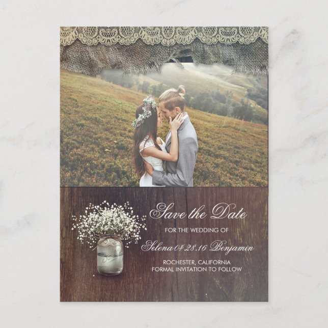 Rustikales Gipskraut Mason Jar Foto Save the Date Ankündigungspostkarte (Vorderseite)