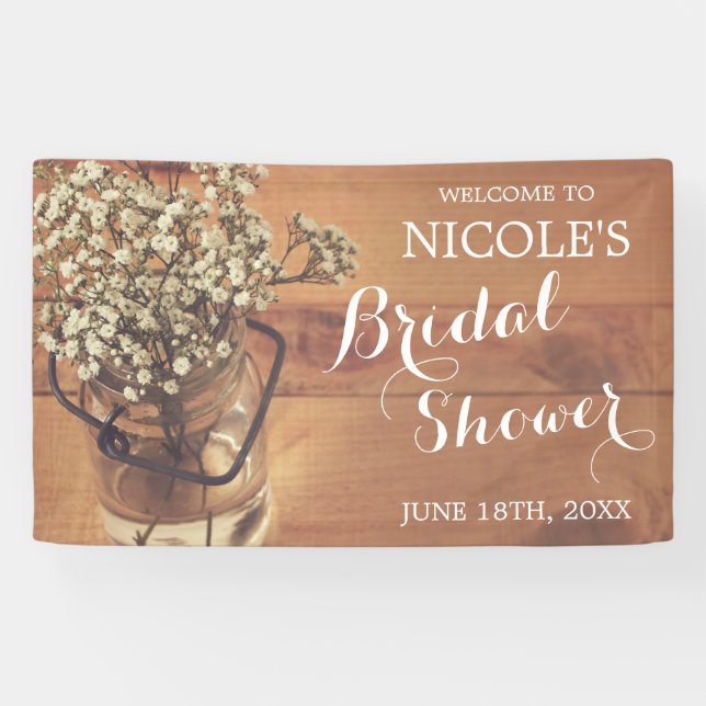 Rustikales Gipskraut Mason Jar Wood Brautparty Banner (Horizontal)