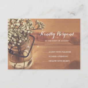 Rustikales Gipskraut Mason Jar Wood Wedding RSVP Karte
