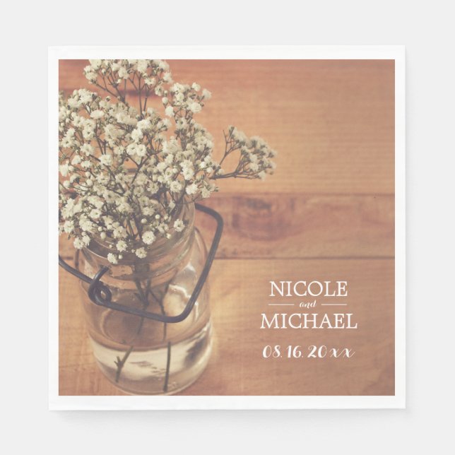 Rustikales Gipskraut Mason Jar Wood Wedding Serviette (Vorderseite)