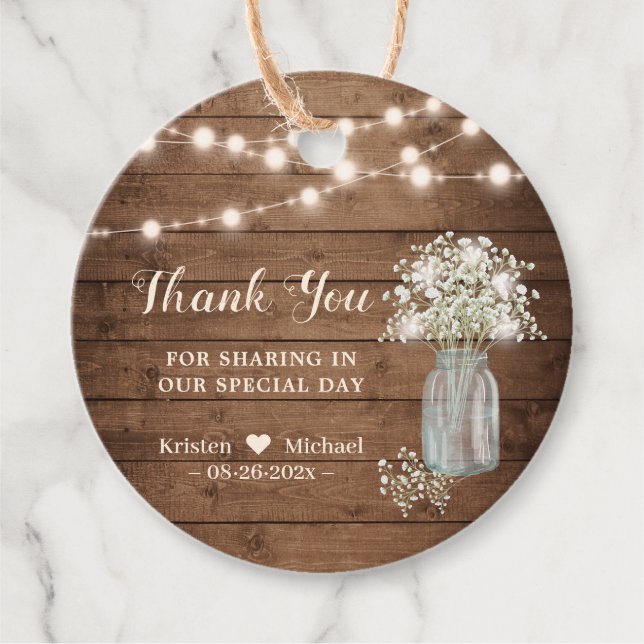 Rustikales Gipskraut String Lights Vielen Dank Geschenkanhänger (Vorderseite)