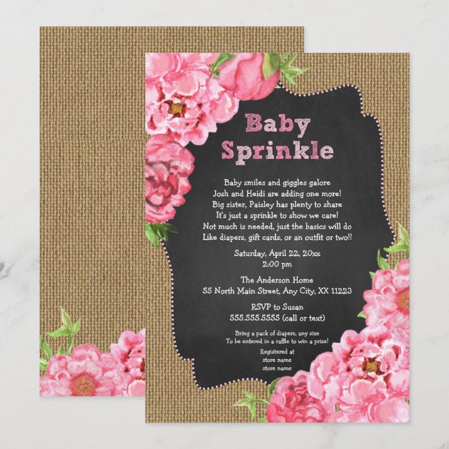 Rustikales Girl Pink Blues Baby Sprinkle Einladung (Vorne/Hinten)