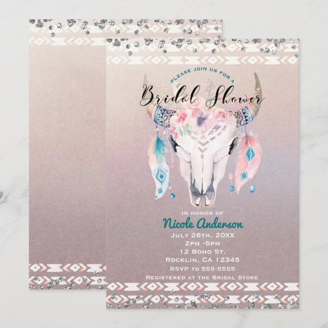 Rustikales Glam Boho Floral Cow Skull Brautparty Einladung (Vorne/Hinten)