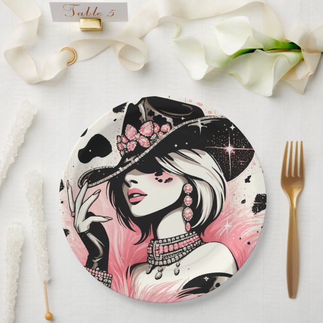Rustikales Glam Cowgirl Pink Sparkle Cowhide Gebur Pappteller (Hochzeit)