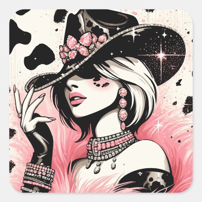 Rustikales Glam Cowgirl Pink Sparkle Cowhide Print Quadratischer Aufkleber (Vorderseite)