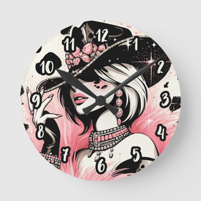 Rustikales Glam Cowgirl Pink Sparkle Cowhide Print Runde Wanduhr (Vorderseite)