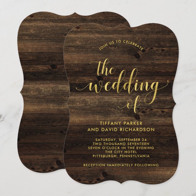 Rustikales Glam | Holz und Imitate Gold Look Weddi Einladung (Vorne/Hinten)