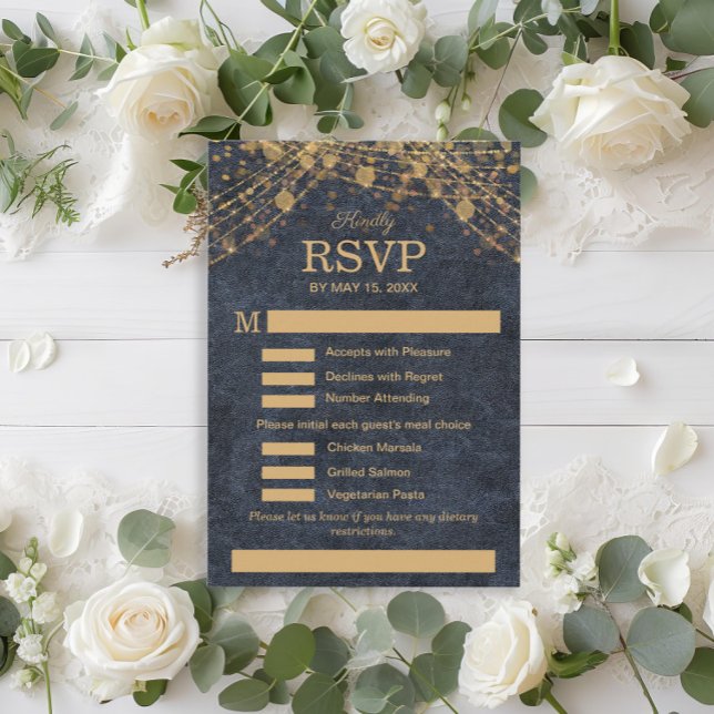 Rustikales Glam Navy Blue Gold Wedding Menu UAWG RSVP Karte (Rustic glam blue gold string lights wedding RSVP/meal choice card)