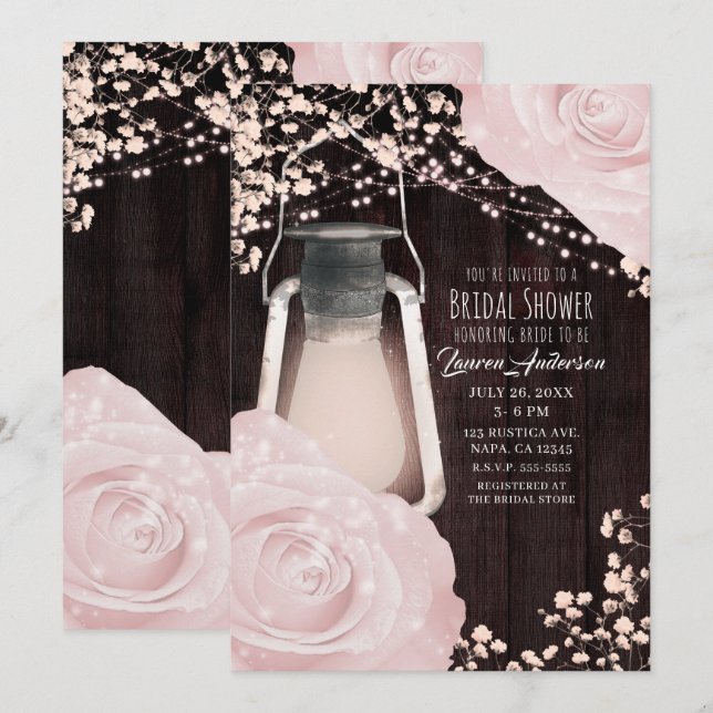 Rustikales glattes Laternenbaby Pink Roses Brautpa Einladung (Vorne/Hinten)