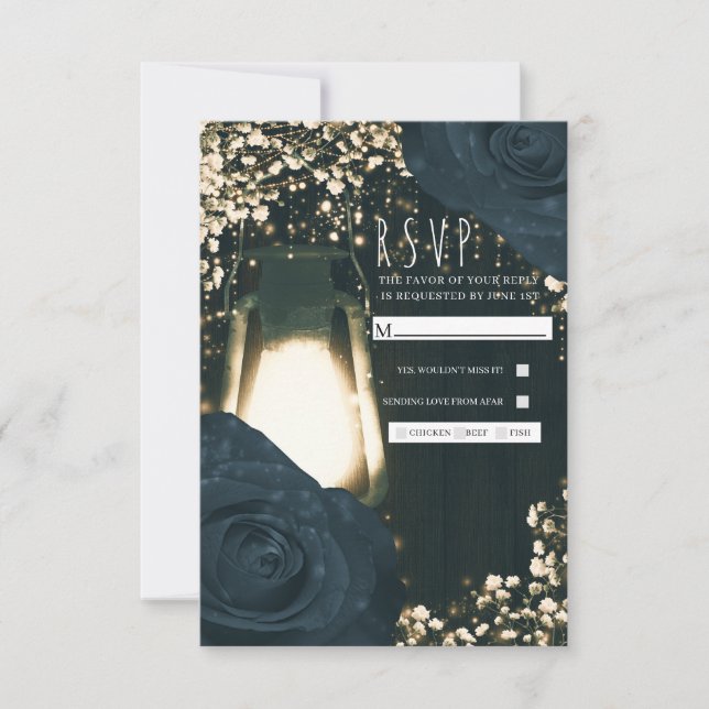 Rustikales Glow Lantern Blau Schwarze Rose Hochzei RSVP Karte (Vorderseite)