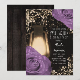 Rustikales Glühen Laterne Lila Rose Sweet 16 Einladung