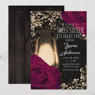 Rustikales Glühen Laterne & Magenta Rose Sweet 16 Einladung