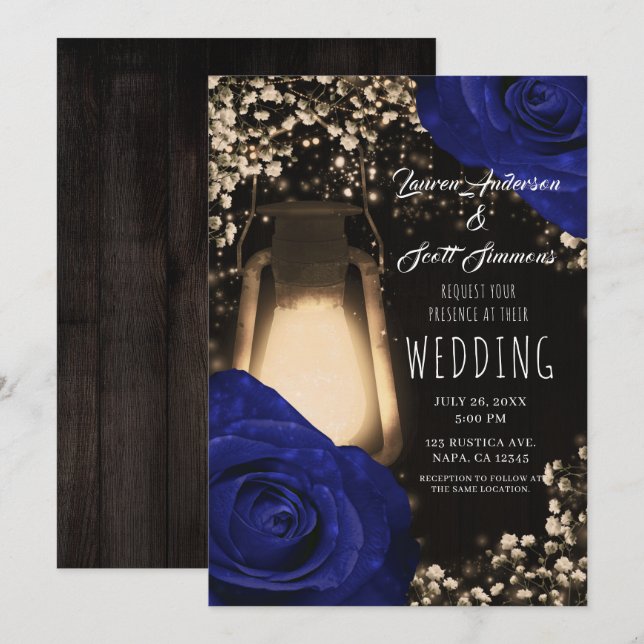 Rustikales Glühen Laterne & Navy Blue Rose Wedding Einladung (Vorne/Hinten)