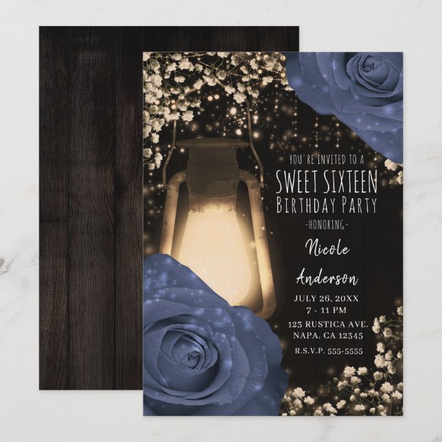 Rustikales Glühen Laterne & Steele Blau Rose Sweet Einladung (Vorne/Hinten)