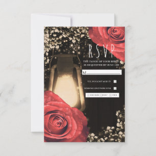 Rustikales Glühfutter und Rote Rosen Hochzeitsrass RSVP Karte