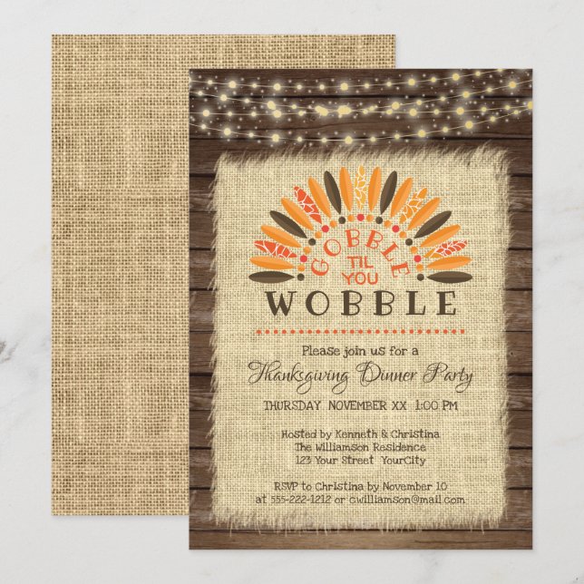 Rustikales "Gobble til you Wobble" Erntedank Dinne Einladung (Vorne/Hinten)