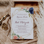 Rustikales Gold Blätter Kalligrafie Bat Mitzvah Einladung<br><div class="desc">Diese rustikale Gold Blätter Kalligrafie Fledermaus Mitzvah Einladung ist perfekt für eine moderne Fledermausmitzvah. Das Design ist mit handgezeichnet Wasserfarbe lila,  Marine,  rot,  bordeauxrot,  Marinefarben Blume,  grün und goldfarbenen Blätter verziert einen eleganten geometrischen Rahmen.</div>