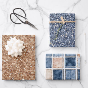 Rustikales Gold Blau Glitter Faux Denim Geburtstag Geschenkpapier Set