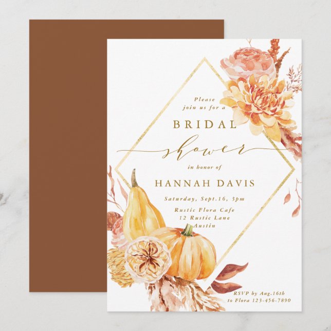 Rustikales Gold Fall Floral Pumpkin Brautparty Einladung (Vorne/Hinten)