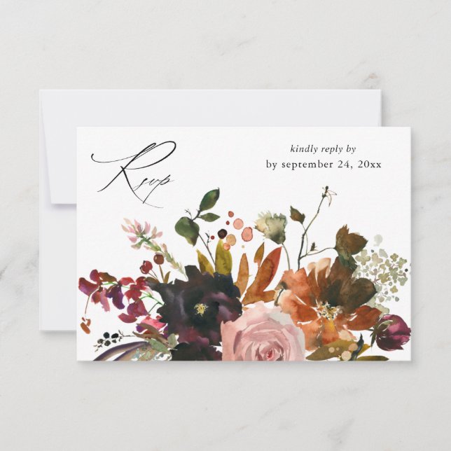 Rustikales Gold, Lila und rosa Blütenblätter mit M RSVP Karte (Vorderseite)